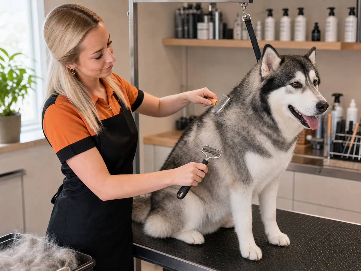 Groomer removing loose undercoat from a husky