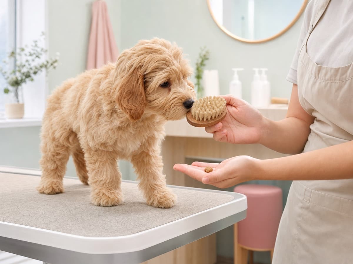 Illustratieve salonscène van een puppy die rustig kennismaakt met een borstel