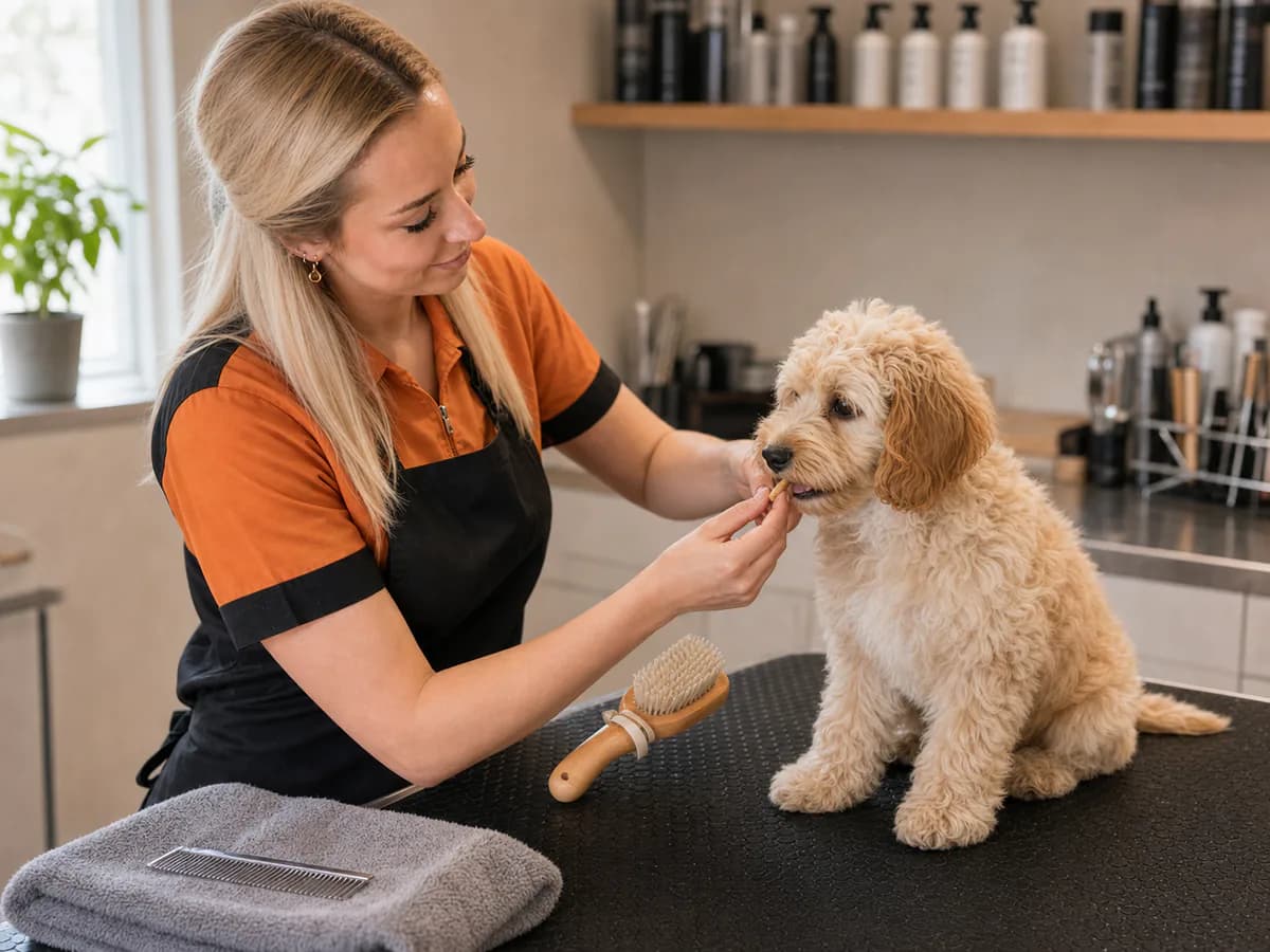 Trimmer laat een puppy rustig kennismaken met een borstel