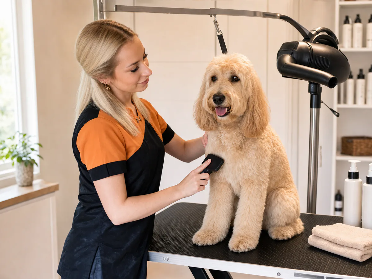 Trimmer föhnt en borstelt rustig een Cockapoo op de trimtafel
