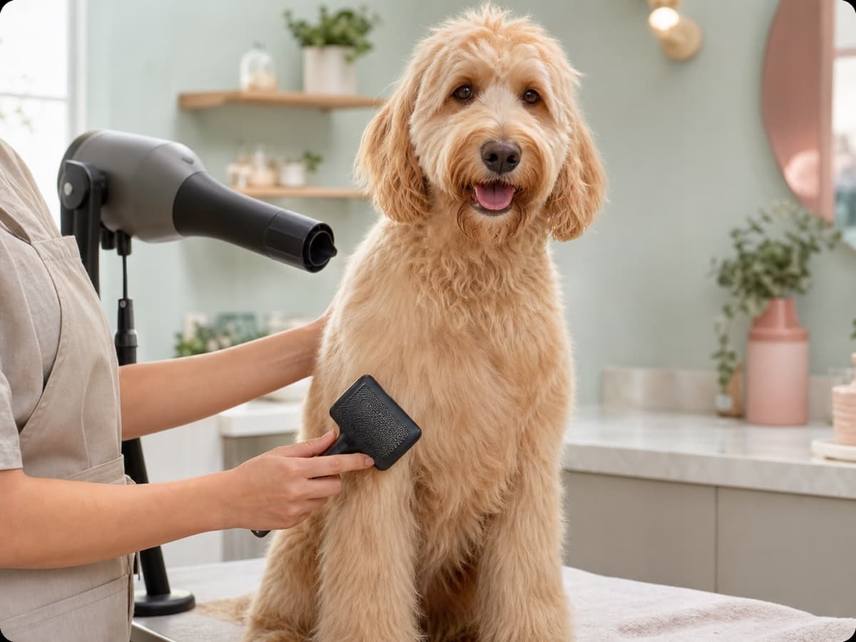 Illustratieve salonscène van een hond die rustig wordt geföhnd en geborsteld