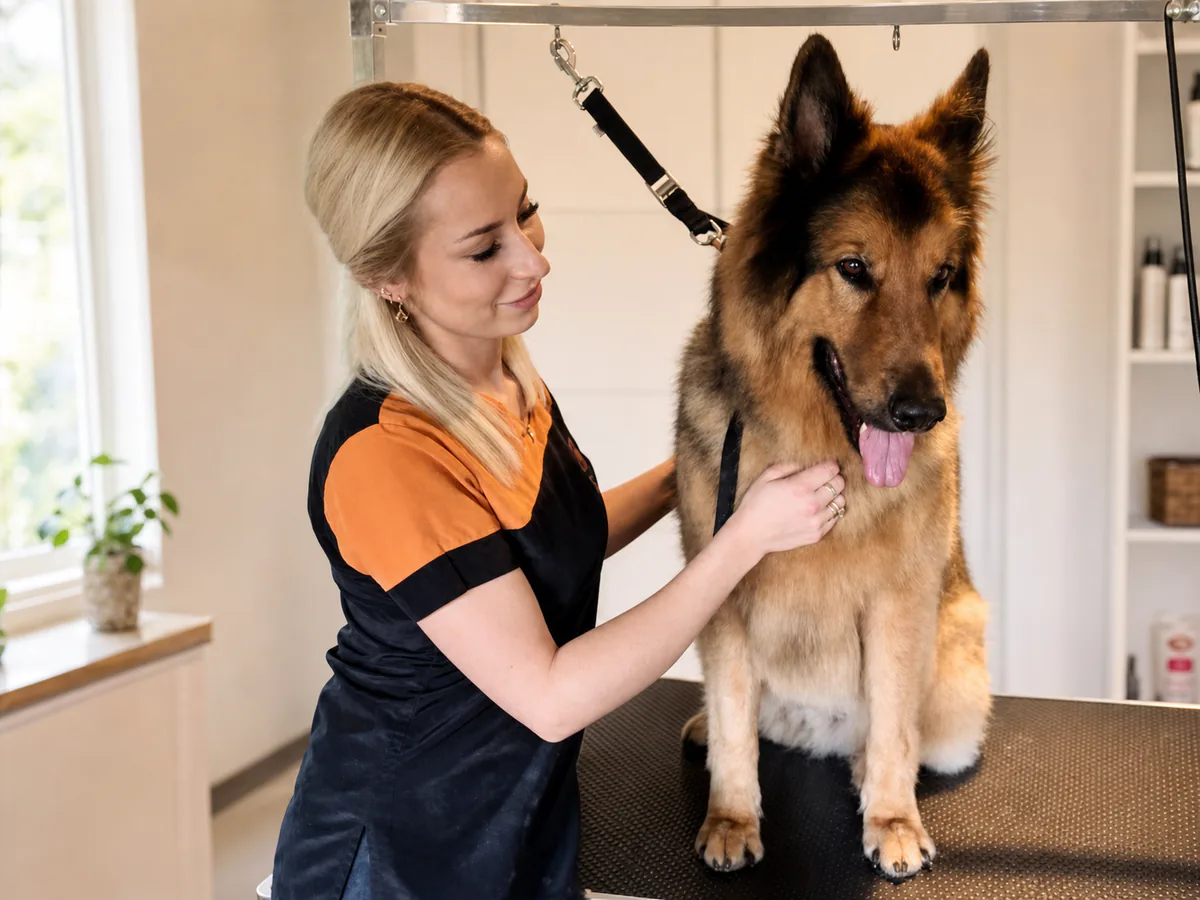A groomer calmly caring for a German Shepherd on the grooming table