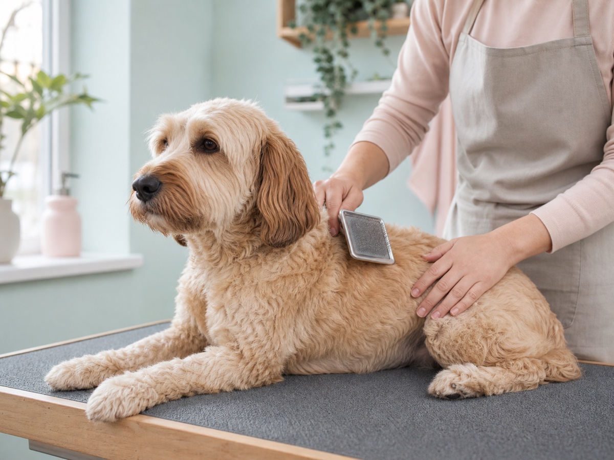 Illustratieve salonscène met rustige vachtverzorging van een hond